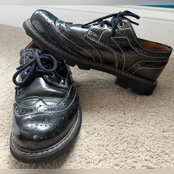 John Fluevog Black Leather Brogue Contrasting Saddle Stitch Oxford Lace Up Shoes - Picture 2 of 9